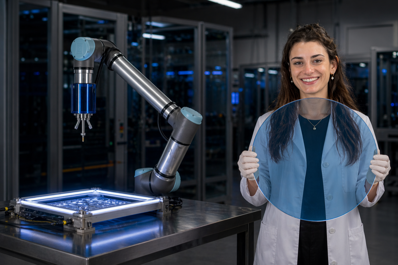 An Alio Labs employee in a lab coat holding a large circular optical filter substrate in a manufacturing facility, with a robotic cobot arm and illuminated substrate tray in the background.