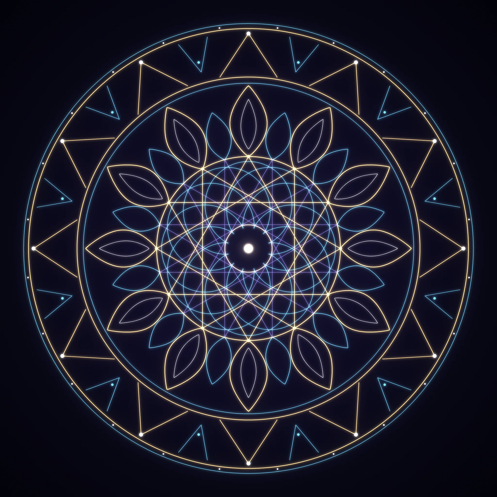 A glowing gold and blue line mandala on a dark indigo background.
