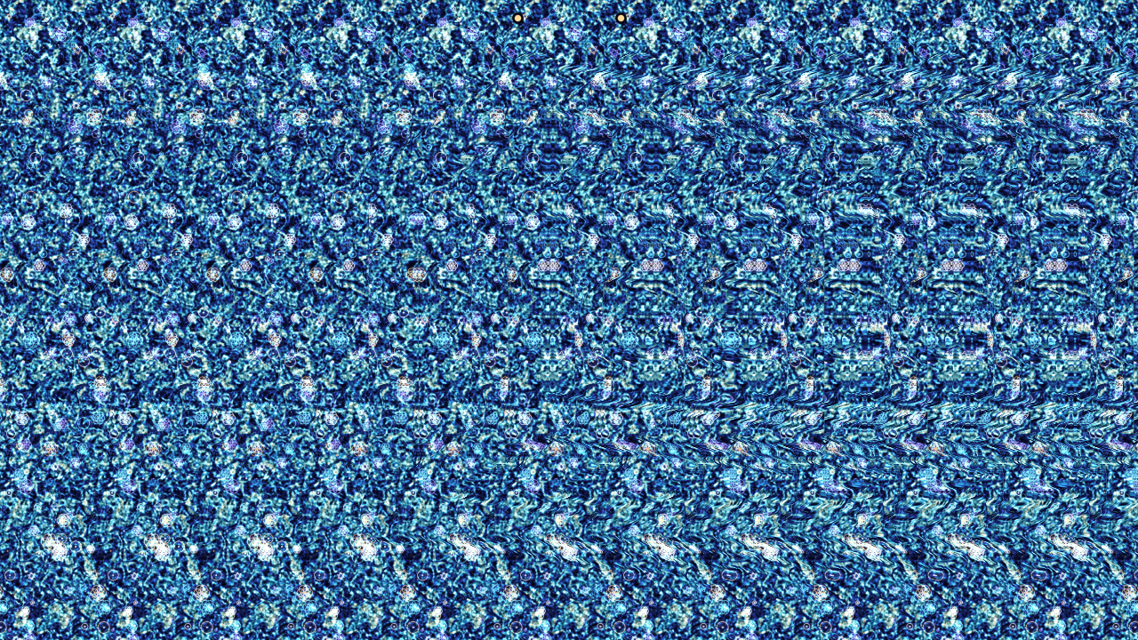 Magic eye image (autostereogram): a field of repeating blue and white texture with two gold guide dots at the top. Viewed with relaxed, parallel eyes, a wireframe Necker cube with thick rounded beams floats in depth, with a small sphere at its center.