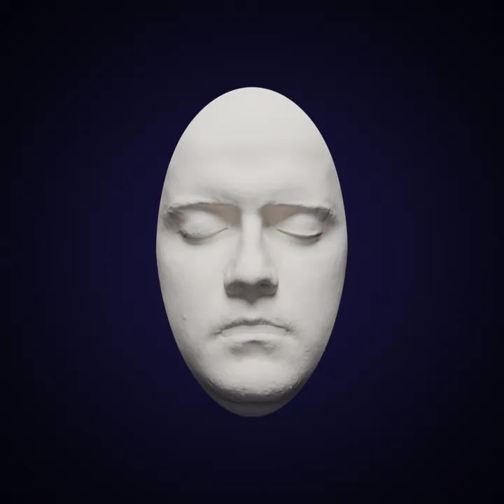 Animation of a white face mask slowly turning on a dark blue background. When its hollow back faces the viewer, it still looks like a normal face pointing outward.