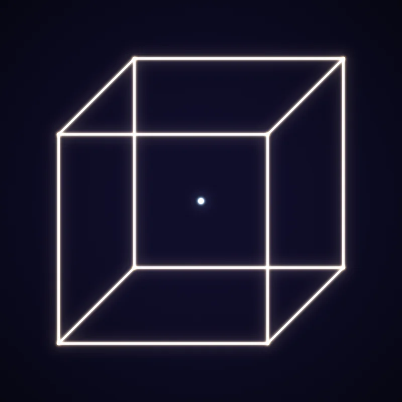 A white line drawing of a Necker cube on a dark background.