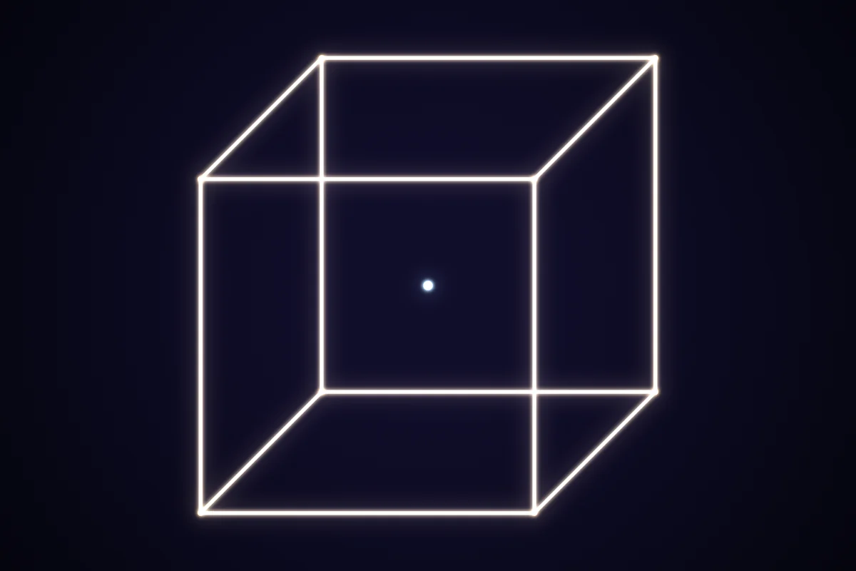 A glowing white wireframe Necker cube with a small bright dot at its center, on a dark background.