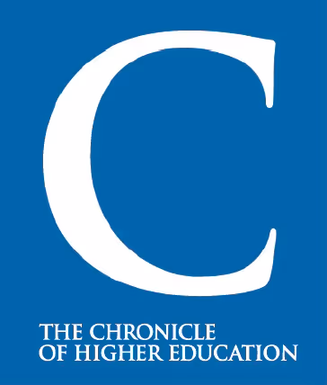 Logotipo blanco de la letra C grande con el texto 'The Chronicle of Higher Education' sobre fondo azul.