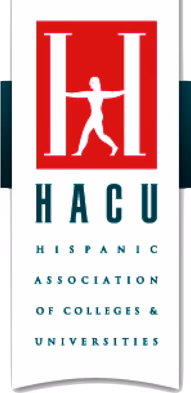Logotipo de HACU con una figura humana blanca entre dos grandes letras H en fondo rojo y texto que dice Hispanic Association of Colleges & Universities.