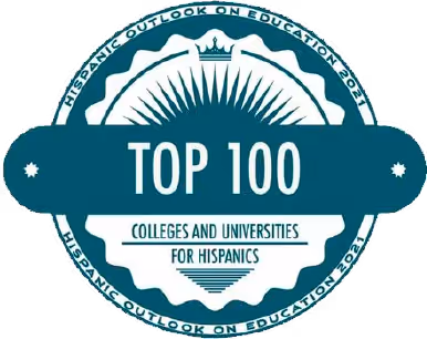 Sello redondo con texto Top 100 Colegios y Universidades para Hispanos, Premio Hispanic Outlook en Educación 2021.