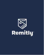 Logotipo de Remitly con un icono de apretón de manos dentro de un escudo sobre fondo azul oscuro.