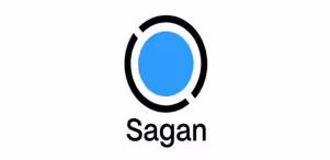 Logotipo de Sagan con un óvalo azul rodeado por líneas negras incompletas.