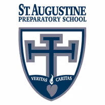 Escudo de la escuela preparatoria St. Augustine con una cruz estilizada, un corazón y las palabras Veritas y Caritas.