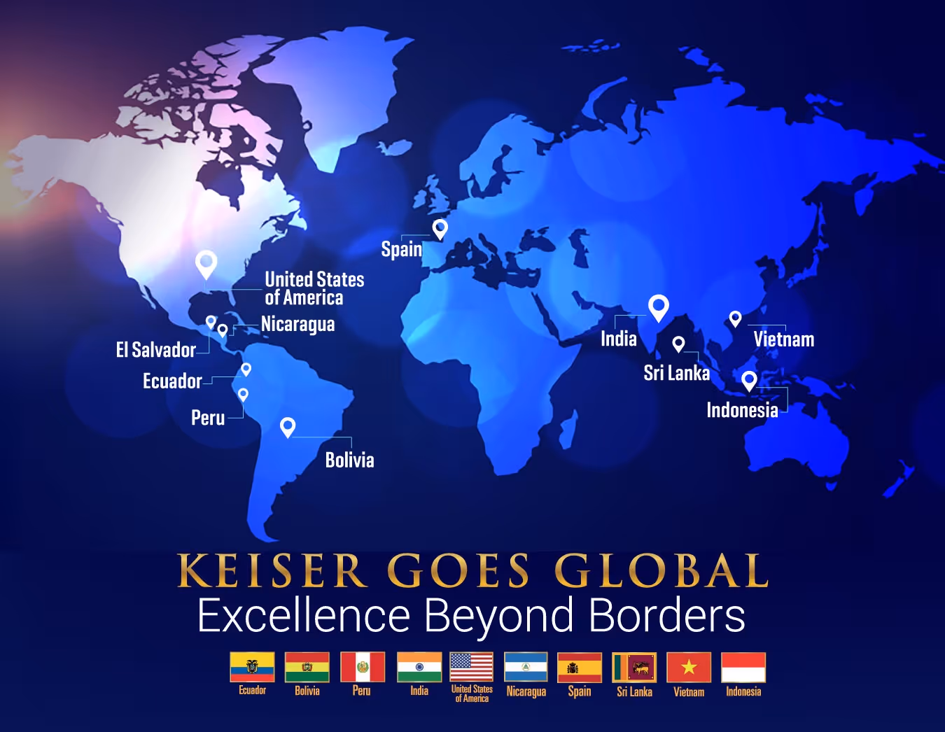 Mapa de presencia global de Keiser University — incluyendo El Salvador
