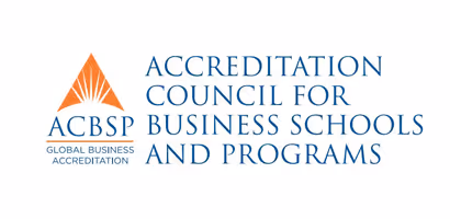 Logotipo del Accreditation Council for Business Schools and Programs con texto azul y un triángulo naranja.