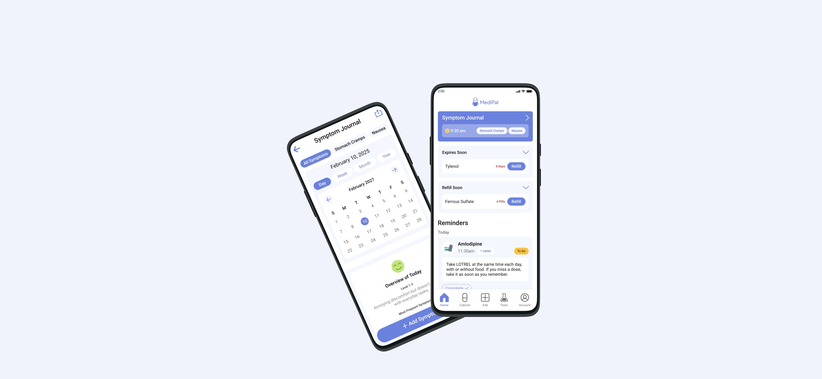 Medipal Banner, two screens of the app – the Home page and the Symptom Journal