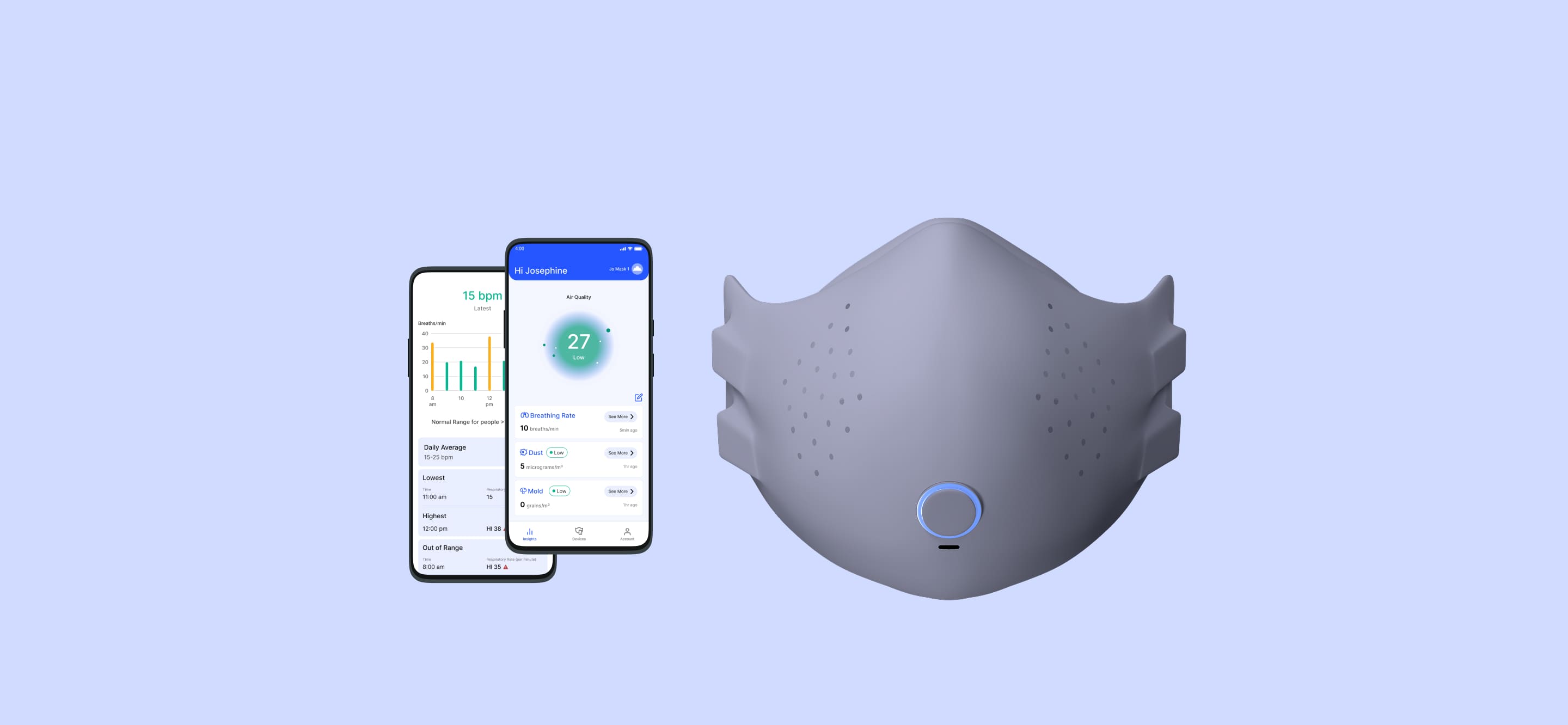 Kumo Banner Image. 3D render of the mask and two phone screens of the app