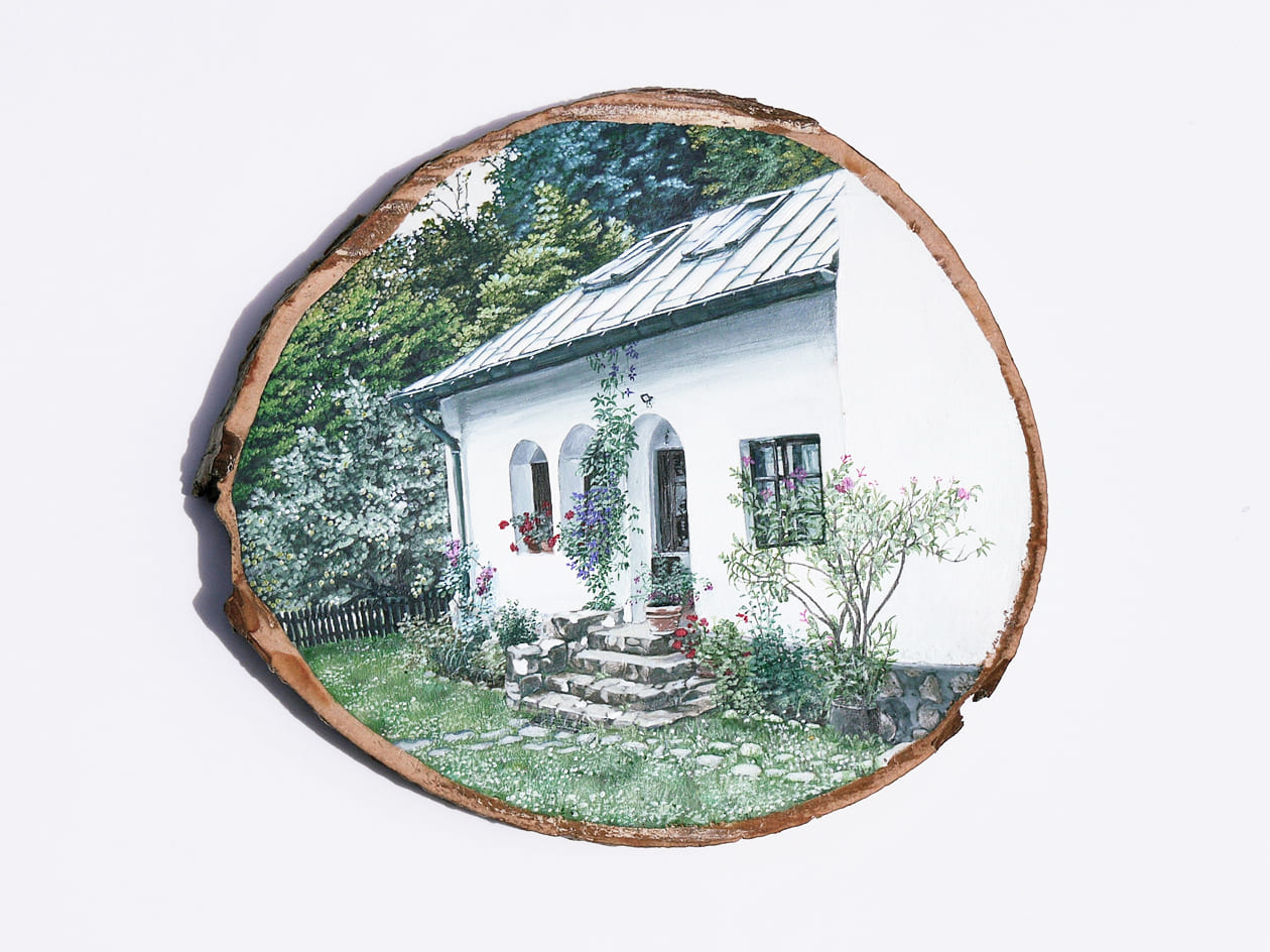 Acrylic on wood painting of a white house in Romania