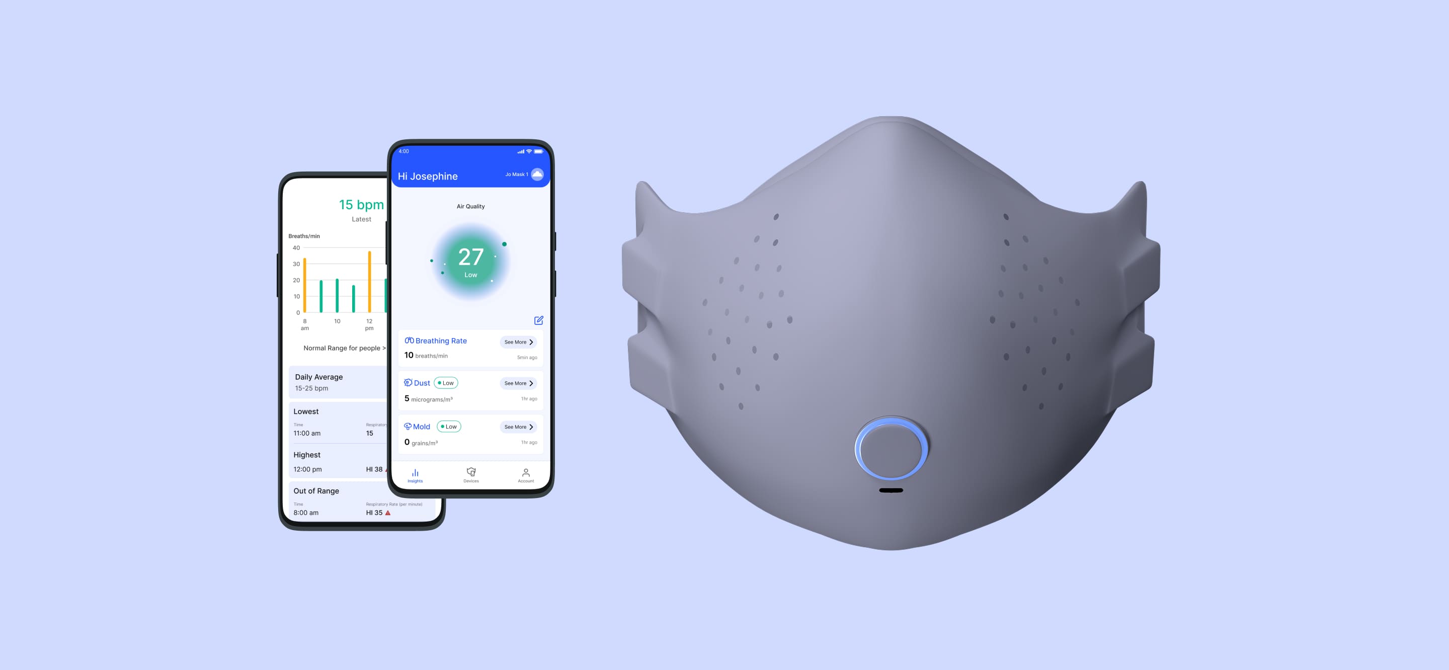 Kumo hero image, a grey mask 3d model and two app screens