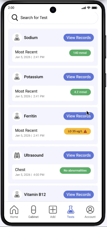 Medipal Tests, Accounts and Personal Information Sections