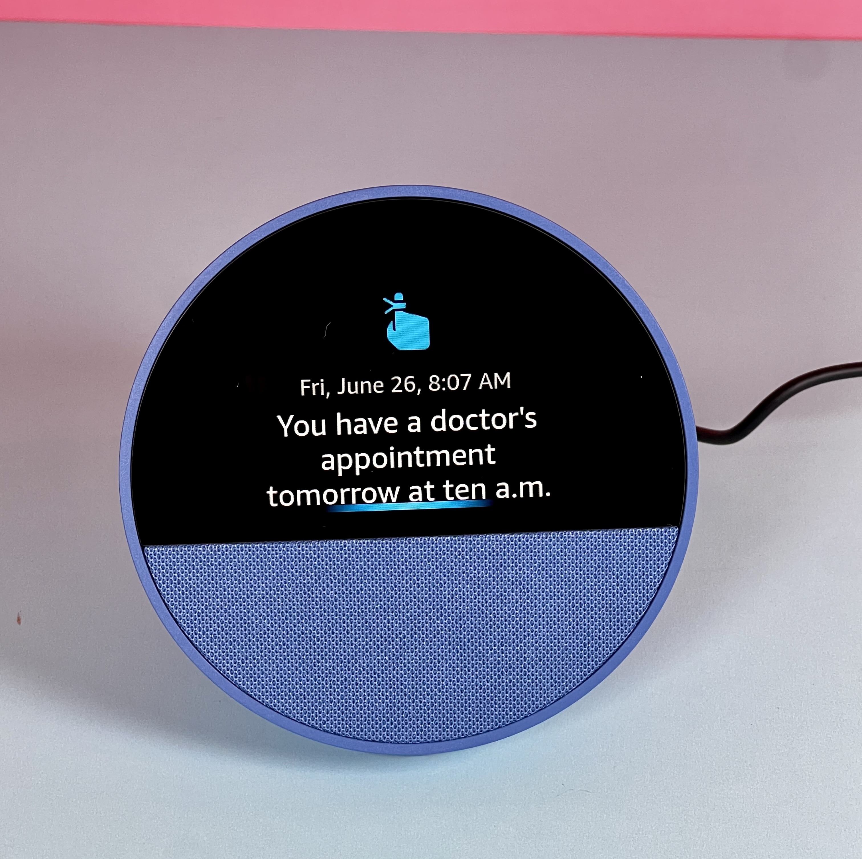 Amazon Echo Show displaying a reminder for an upcoming doctor’s appointment
