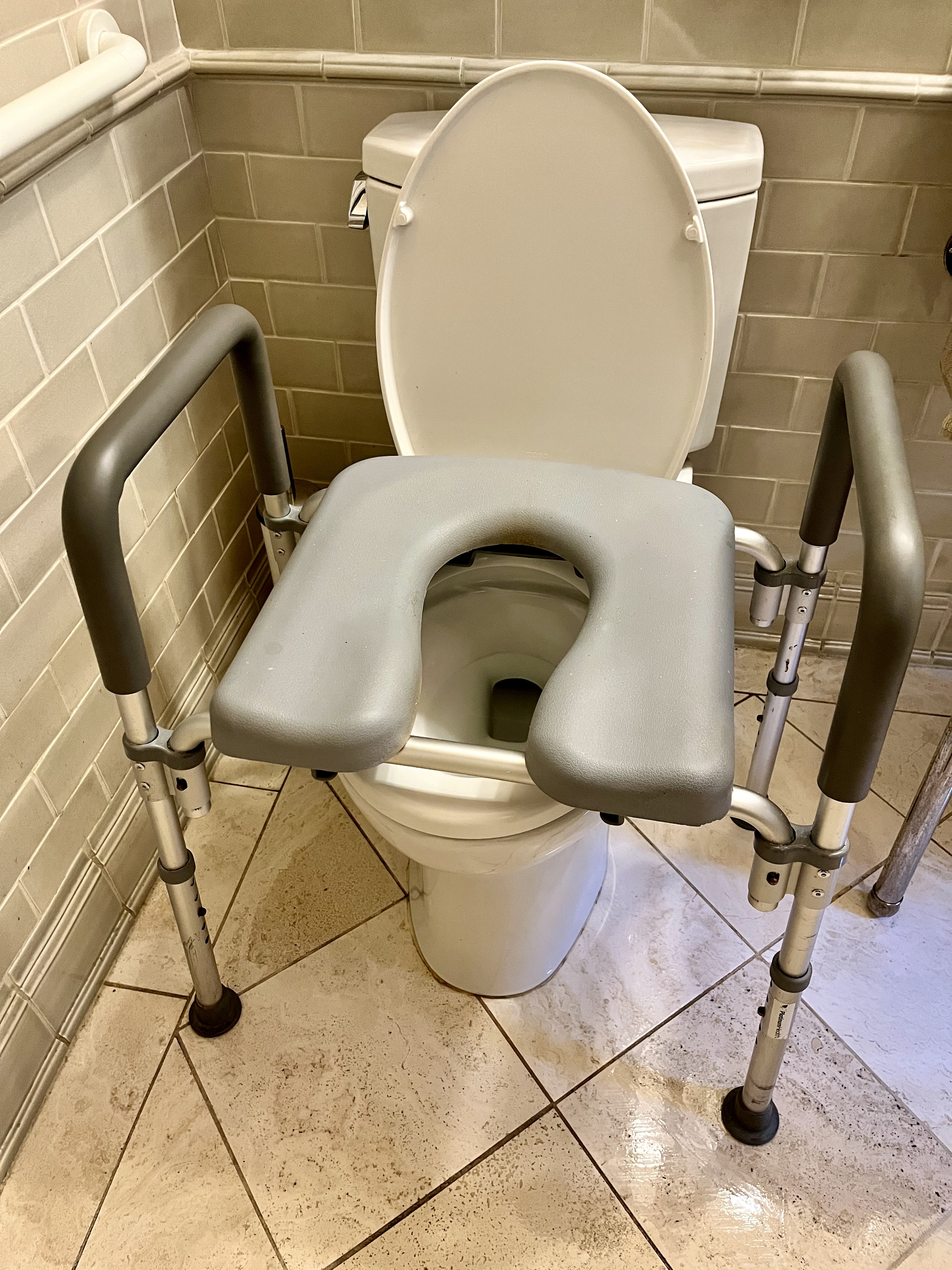 Toilet fitted with a raised padded seat and supportive armrests to make sitting and standing easier.
