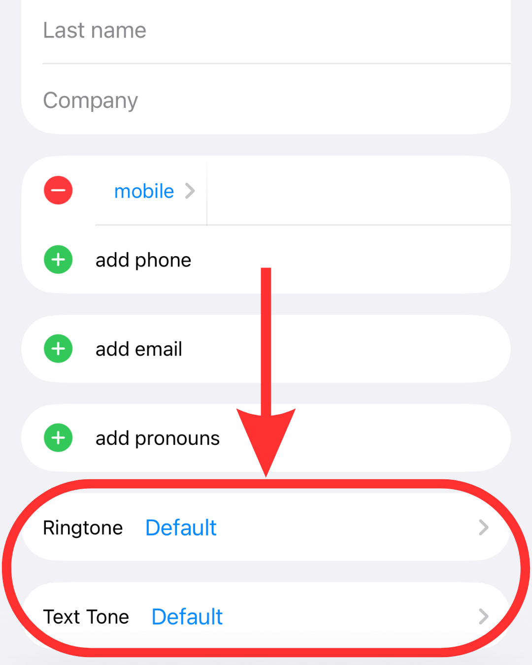 An iPhone contact page shows the labels "Ringtone" and "Text Tone" with red circle and an arrow superimposed.