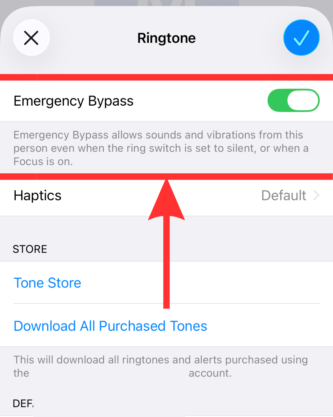 A red box and arrow are superimposed on an iPhone contact screenshot that reads: "Emergency Bypass."
