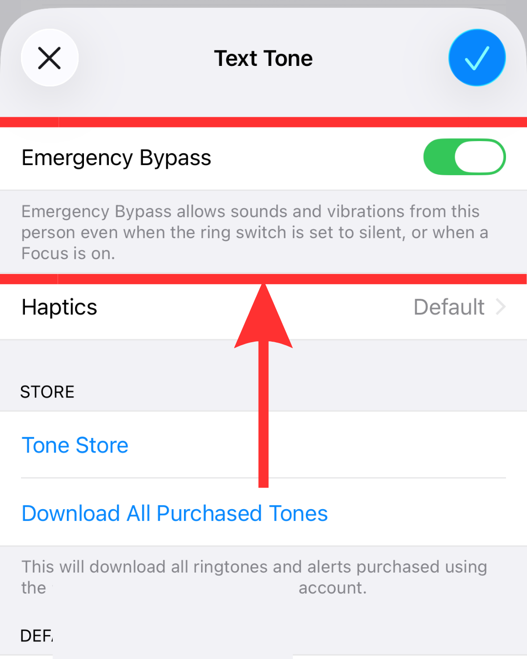 A screenshot of the settings for a specific iPhone contact shows "Emergency Bypass" toggled to on under "Text Tones."