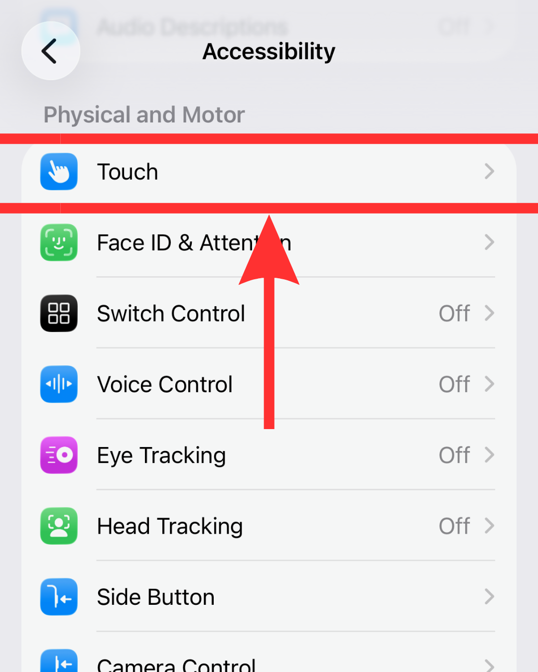 Accessibility menu showing the Physical and Motor section, with a red arrow pointing to the Touch option.