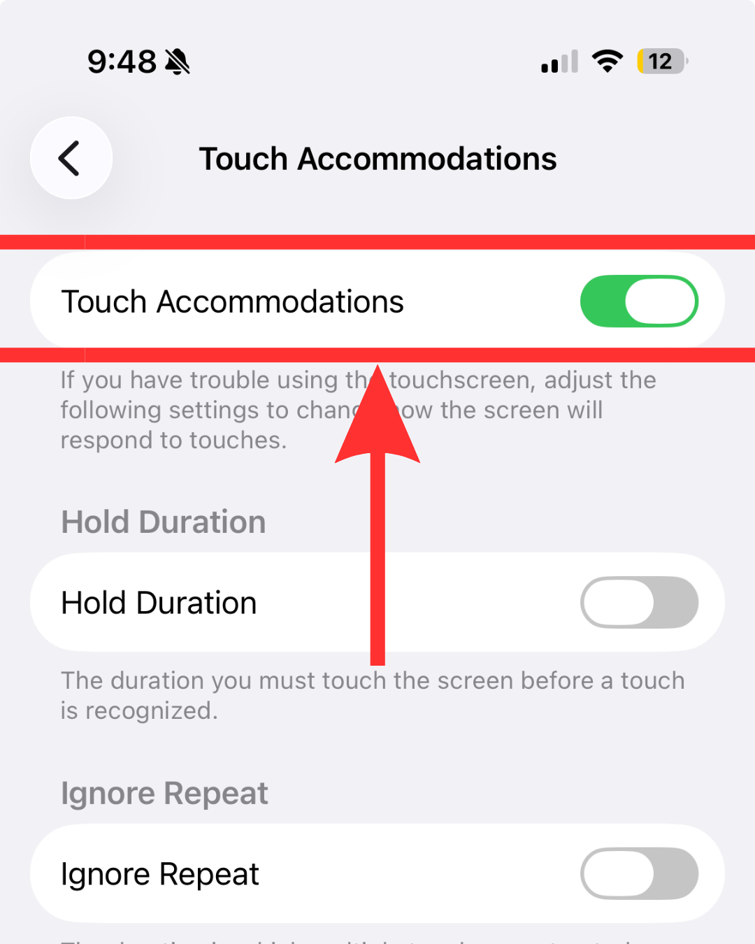 Touch Accommodations menu displaying the Ignore Repeat toggle switched on, set to 0.10 seconds.