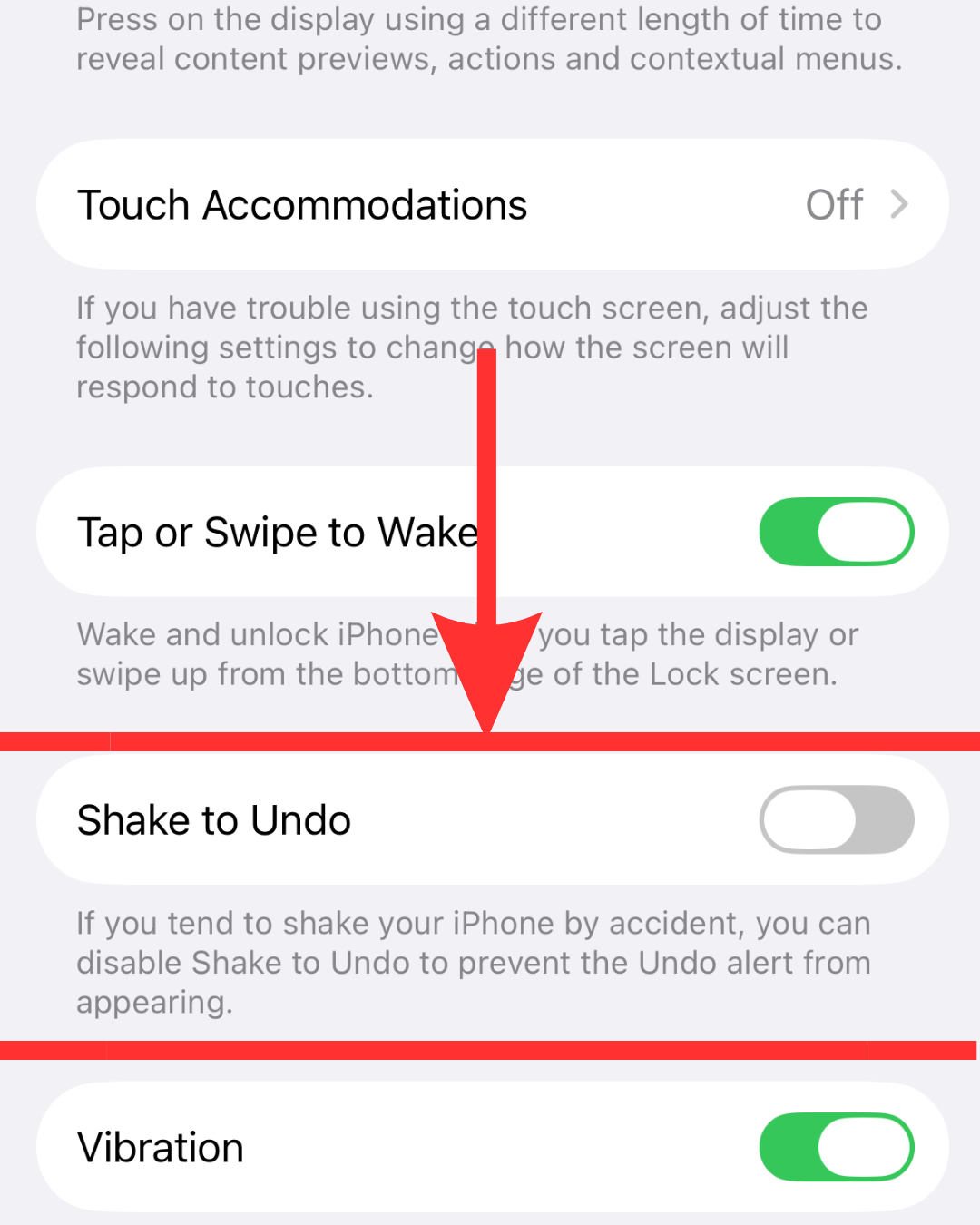 iPhone Touch settings showing a red arrow pointing to the Shake to Undo toggle switched off.