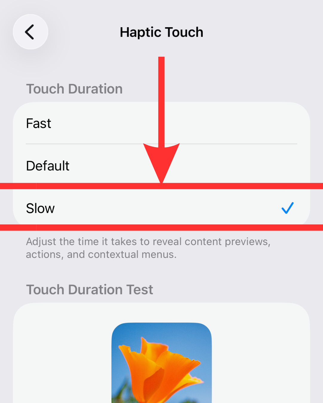 Haptic Touch settings menu with a red arrow pointing to the Slow touch duration option selected.