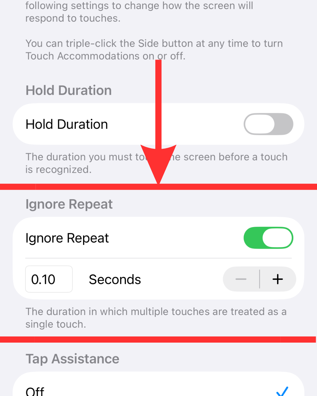 Touch Accommodations settings showing the Ignore Repeat feature enabled with a red arrow highlighting the section.