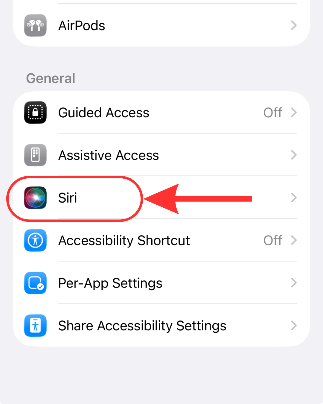 General section of the Accessibility menu with a red arrow highlighting the Siri menu option.
