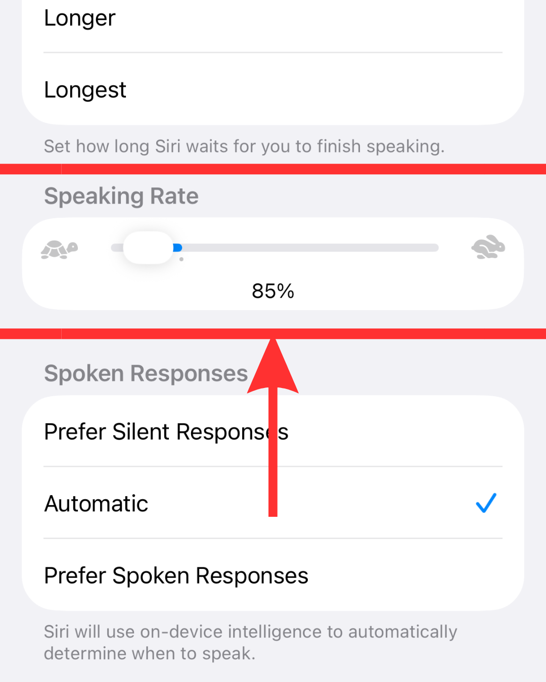 Siri settings showing the Speaking Rate slider set near the turtle icon and Prefer Spoken Responses selected.