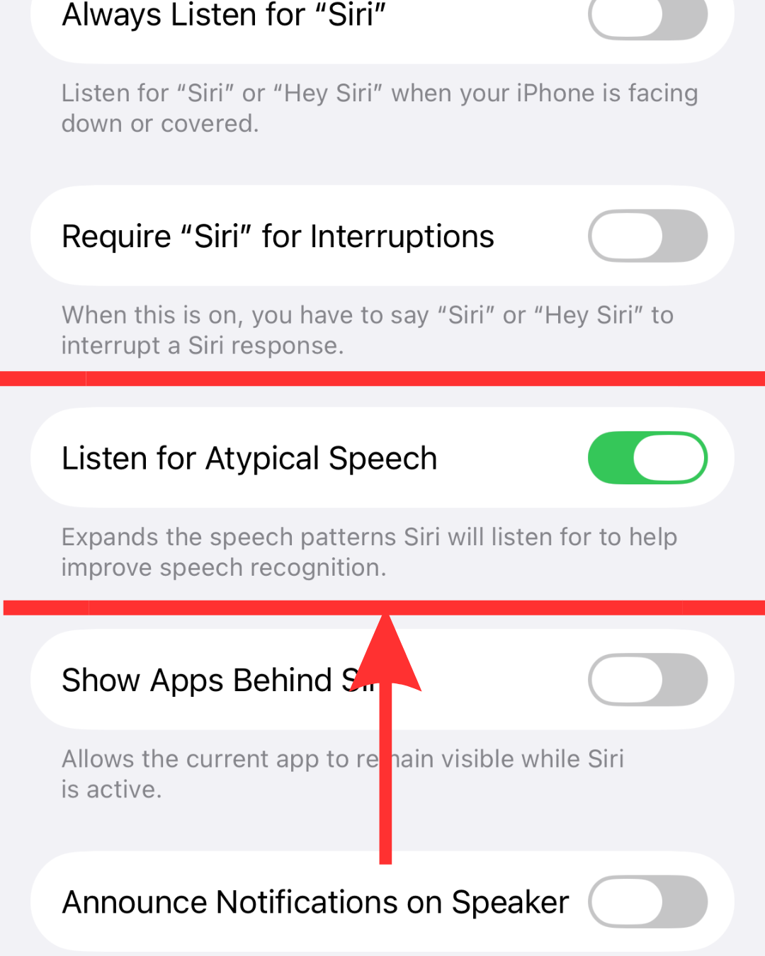 Siri Accessibility menu displaying the Listen for Atypical Speech toggle switched ON.
