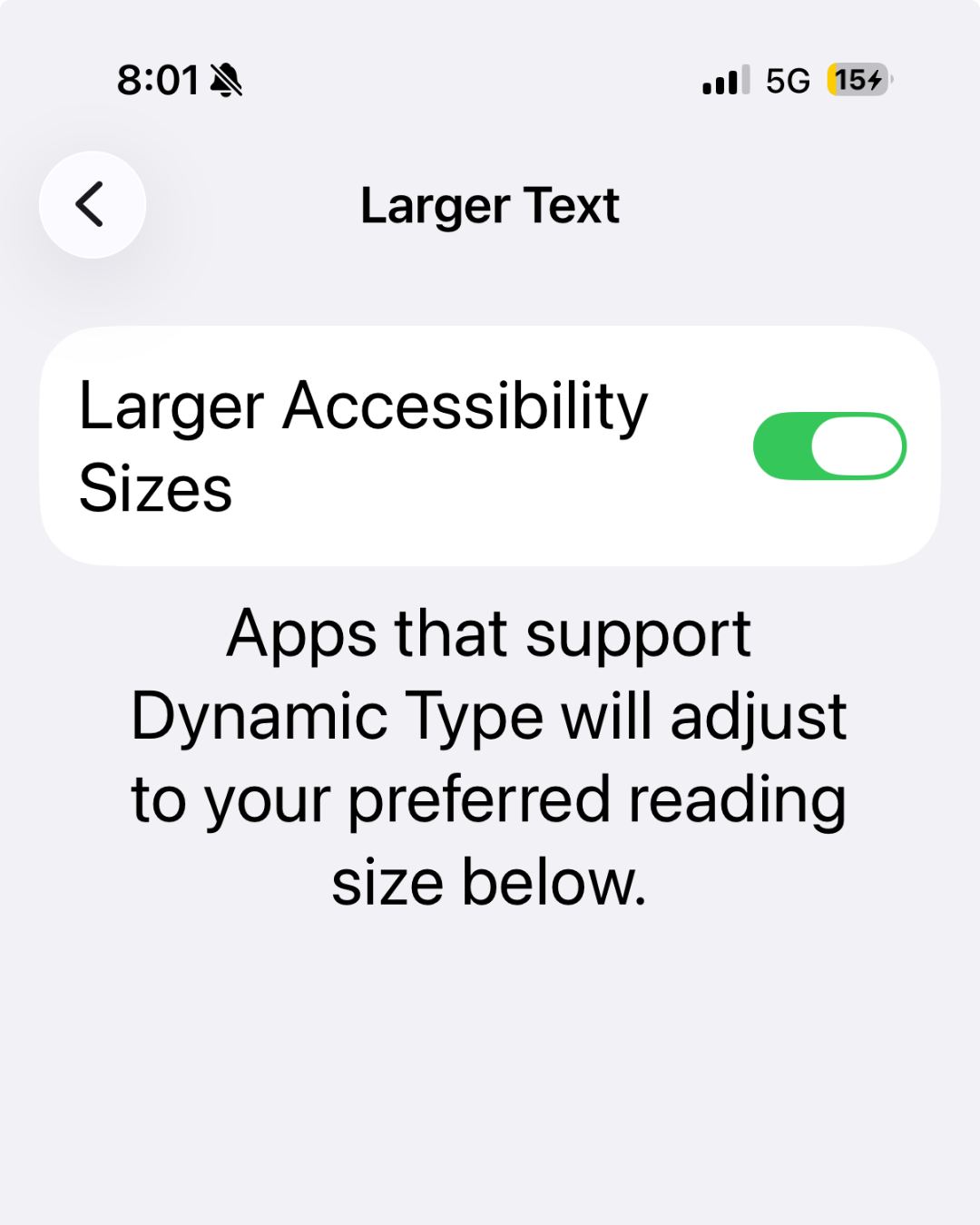 The Larger Text settings menu showing the enabled "Larger Accessibility Sizes" toggle switch and explanatory text below it.