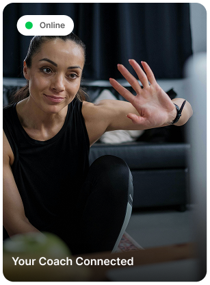 Smiling woman in athletic wear waving with a virtual 'Online' status and 'Your Coach Connected' message, suggesting a live coaching session.