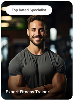 Smiling muscular man with crossed arms labeled as Top Rated Specialist and Expert Fitness Trainer.