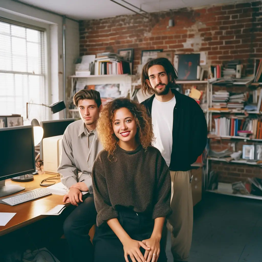 3 coworkers in a brick office with books in the background 