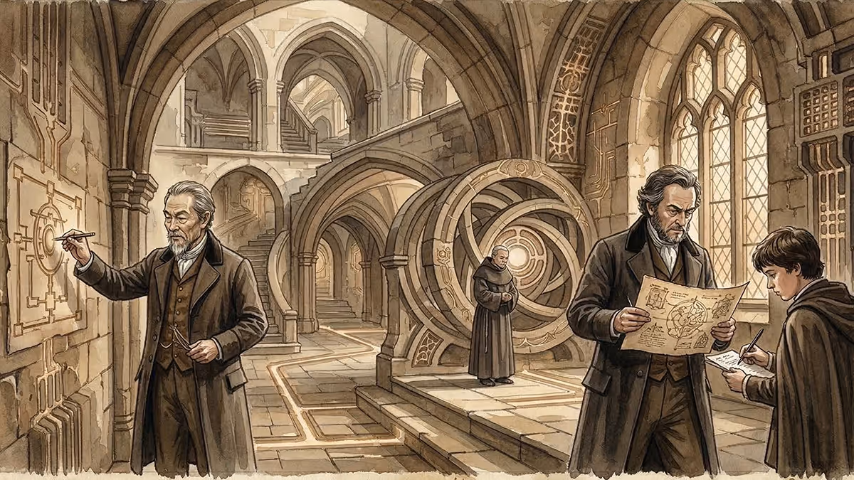 Illustration of three men in a medieval stone chamber with arches and ornate windows, two studying complex diagrams and one monk standing near circular structures.
