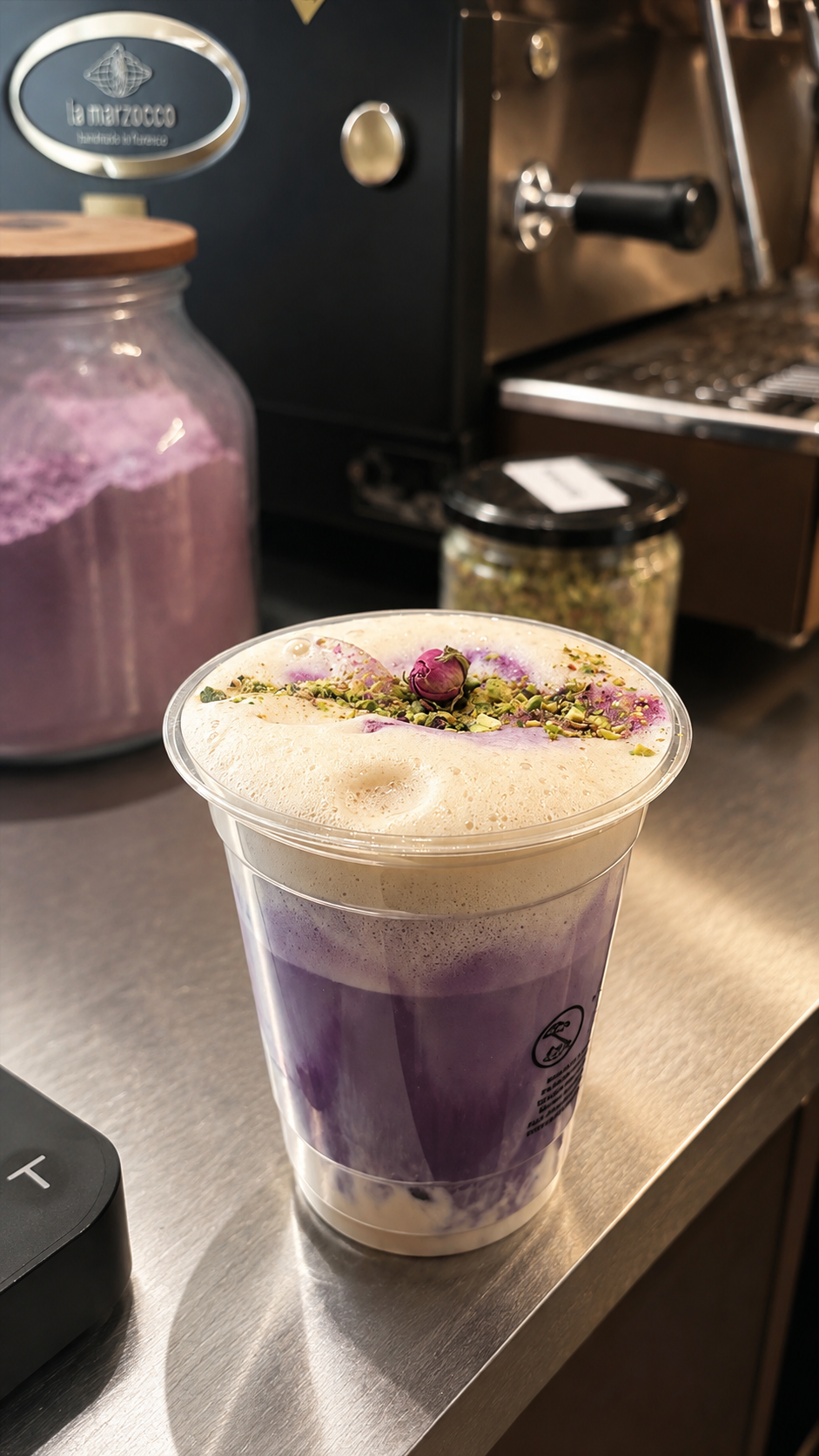 Foamy purple latte with a rosebud and crushed pistachio garnish on a metal counter by espresso machine.