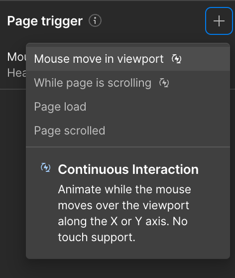 Dropdown menu showing page trigger options like mouse move, page load, and a description of continuous interaction.