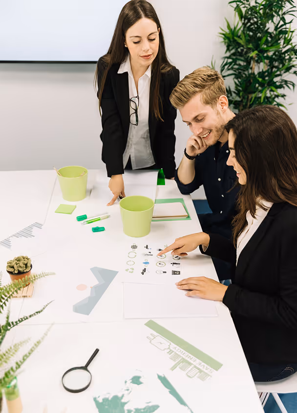 Team planning platform architecture over charts and sticky notes — strategy services