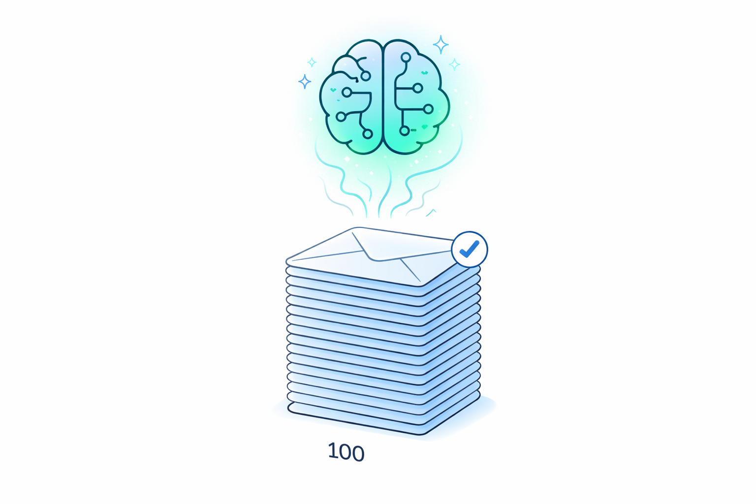 Stack of 100 blue envelopes with a checkmark and a stylized glowing brain above it, symbolizing reading emails.