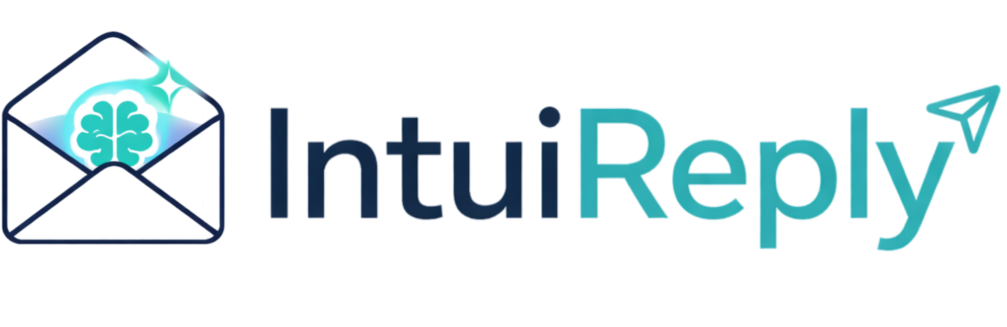 Logo featuring an envelope with a brain inside next to the text 'IntuiReply' and a paper airplane symbol.