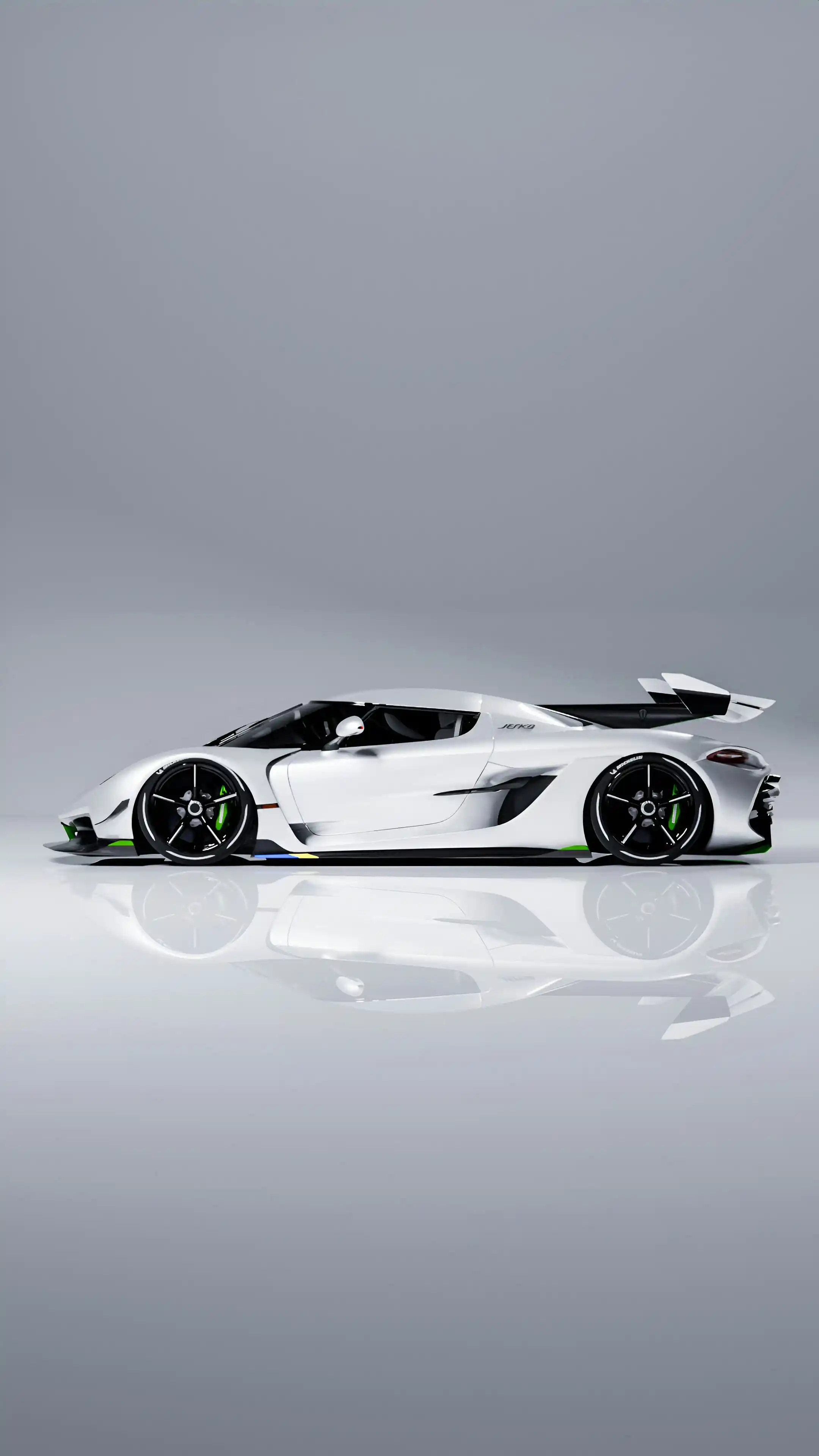 Side view of a sleek white Koenigsegg Jesko sports car with black and green accents on a reflective surface.