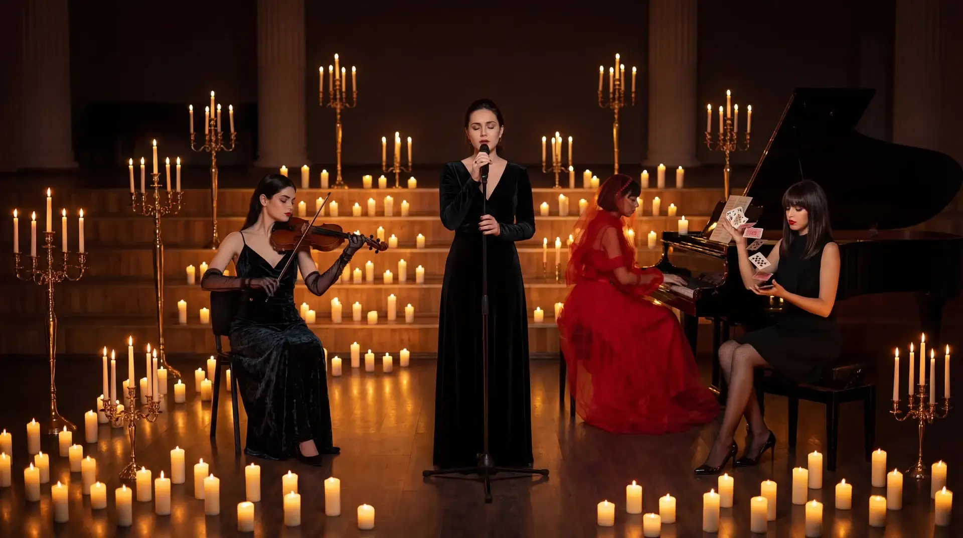 Singer, violinist and pianists performing among hundreds of candles