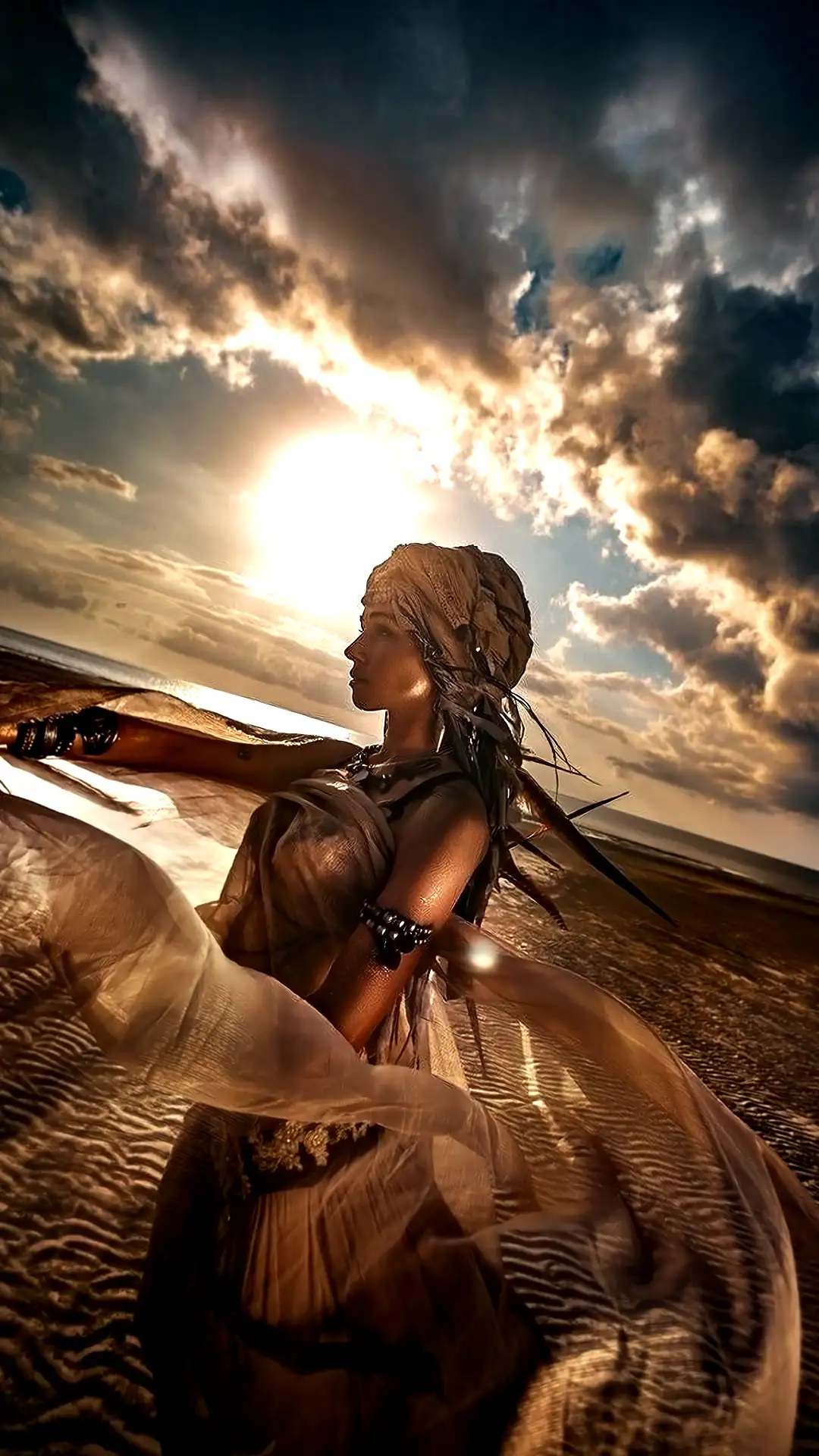 Woman dressed in flowing sheer fabric with headscarf, standing on a beach at sunset with dramatic cloudy sky.