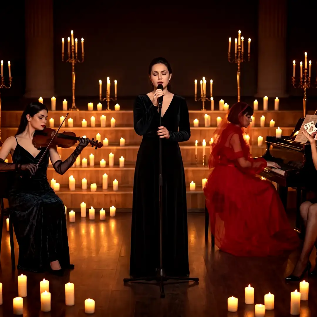 Singer in black velvet with violinist and pianists on candlelit steps
