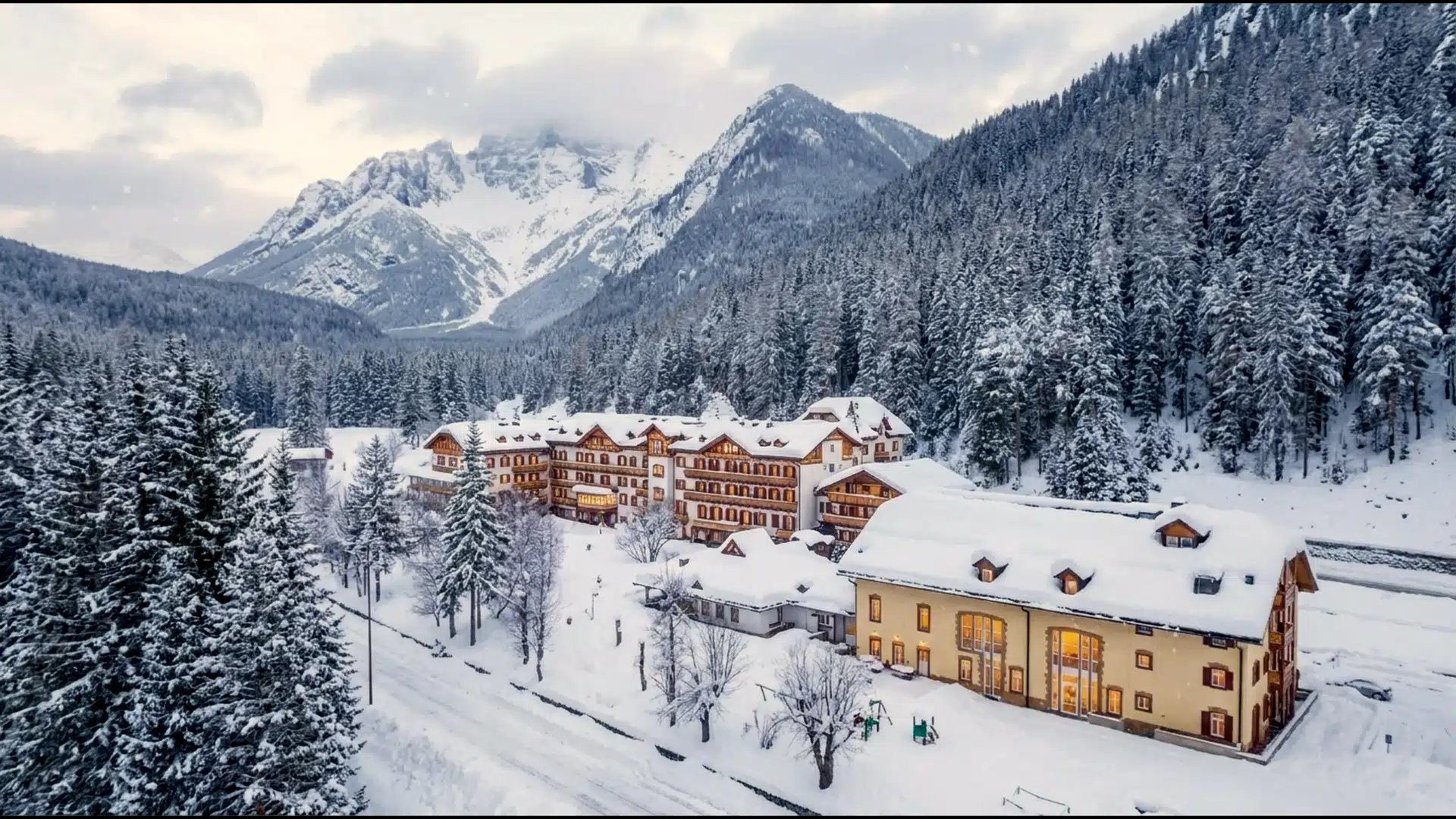 Boschi Alta Pusteria drone ripresa aerea resort Dolomiti maggio 2026