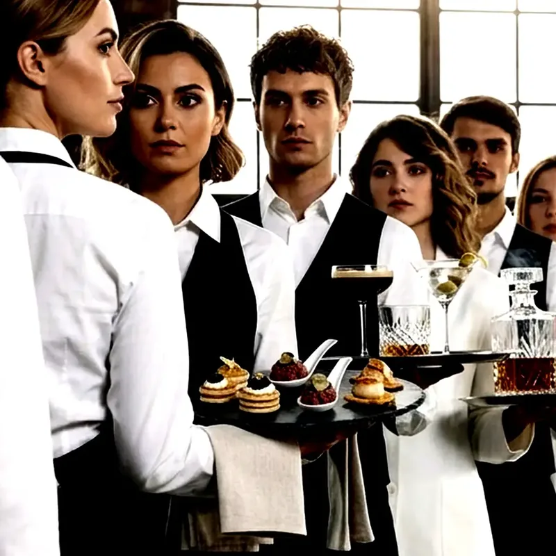 Waiters in white shirts and black vests serving cocktails and canapés on trays at an event