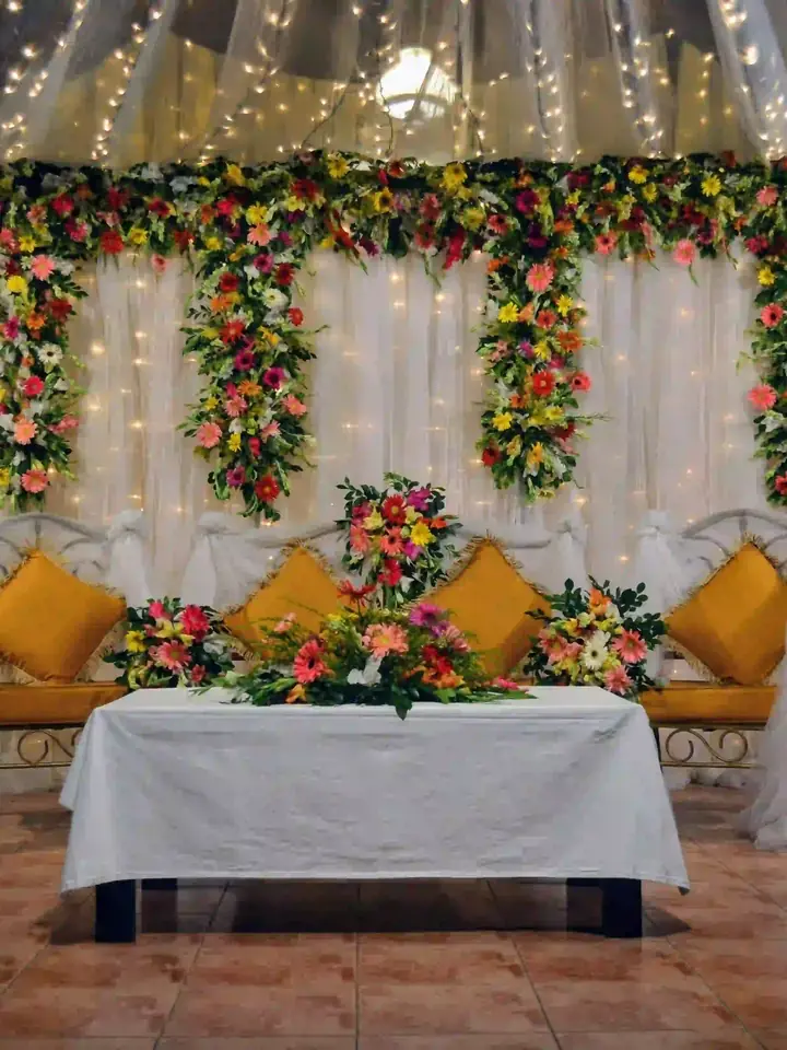 Decorated seating and flowers ready for guests