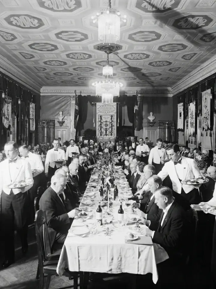 Long banquet tables set for a gala dinner